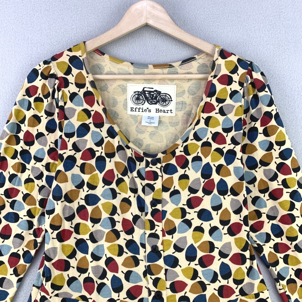 Effie's Heart Acorn Print Fit & Flare Dress Women L Tan Pockets Lagenlook